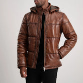 Mens Waxed Brown Hooded Leather Puffer Jacket